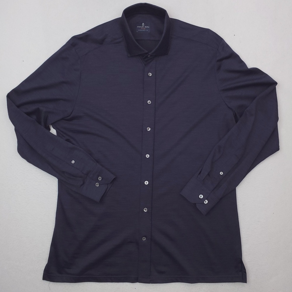 Emanuel Berg Dress Shirt Mens 17 Blue Byron Wool Jersey Modern Fit Long Sleeve